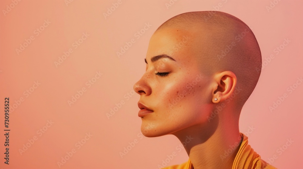 A close-up portrait of a person with a bald head closed eyes and a serene expression set against a soft pink background with a hint of a yellow garment at the bottom.