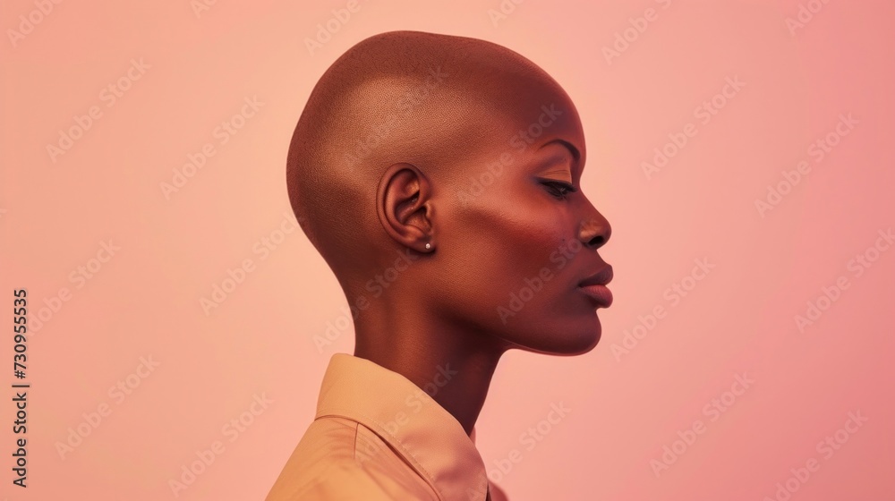 The image shows a close-up of a person with a bald head and a side profile view.
