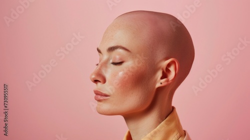 A bald woman with closed eyes wearing a yellow top against a pink background exuding a serene and contemplative aura.
