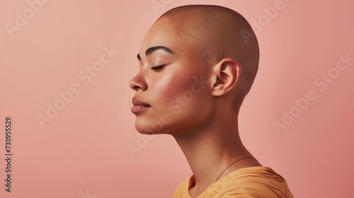 A close-up portrait of a person with a shaved head closed eyes and a serene expression set against a soft pink background. © iuricazac