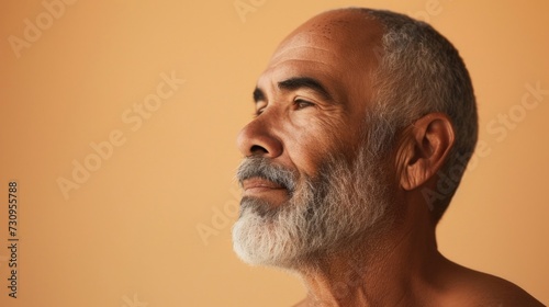 A contemplative man with a gray beard and mustache wearing a light-colored shirt gazing off to the side with a thoughtful expression.