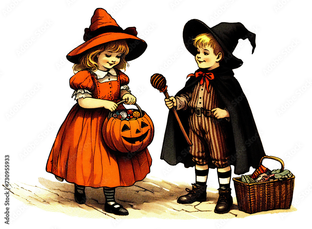 Vintage Lithography of Boy and Girl Trick or Treating