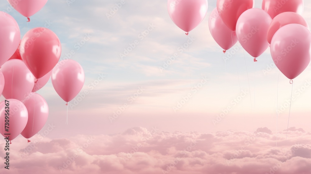 A Flourish of Rosy Dreams: A Whimsical Sky Enchanted by a Cascade of Pink Balloons. Generative AI.
