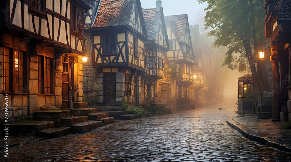 medieval street with old houses and lanterns. A street scene in a European city of the Middle Ages - obrazy, fototapety, plakaty 