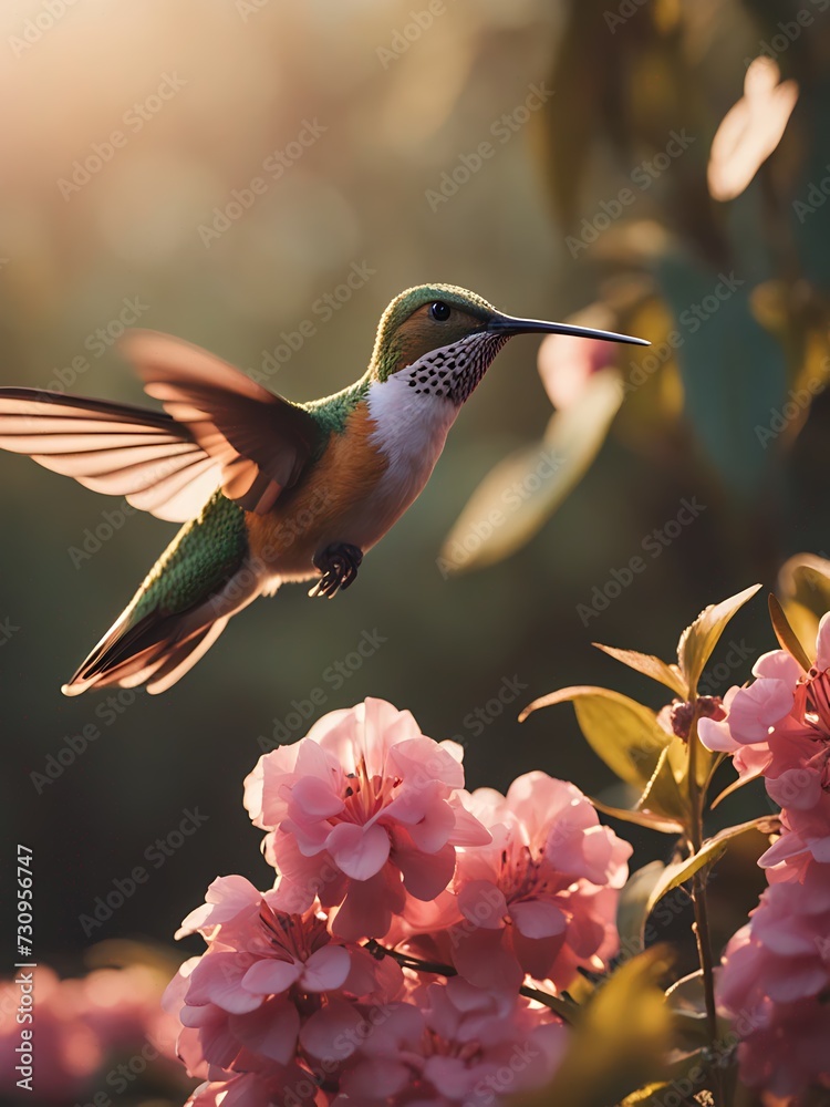 Naklejka premium Flying hummingbird. Small colorful bird in flight. Blooming flower.