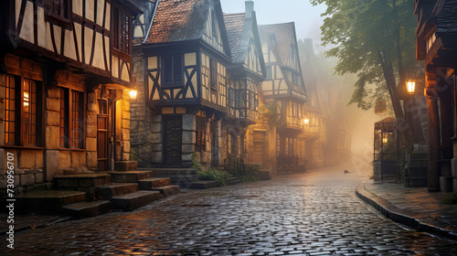 medieval street with old houses and lanterns. A street scene in a European city of the Middle Ages