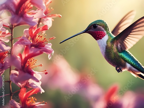 Flying hummingbird. Small colorful bird in flight. Blooming flower.