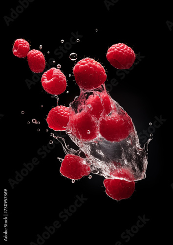 Red raspberries with water splash. Commercial photography close-up.