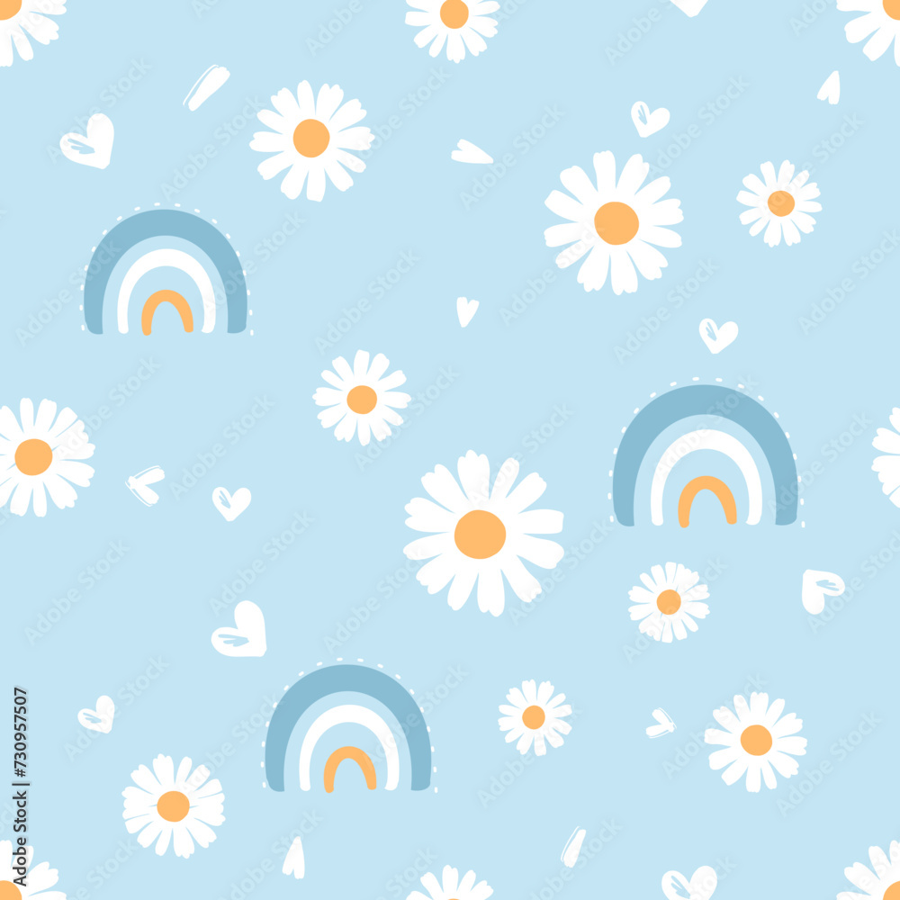 Seamless pattern with daisy flower, heart sign and cute rainbow on blue background vector illustration. Seamless pattern with daisy flower, heart sign and cute rainbow on blue background vector illustration.