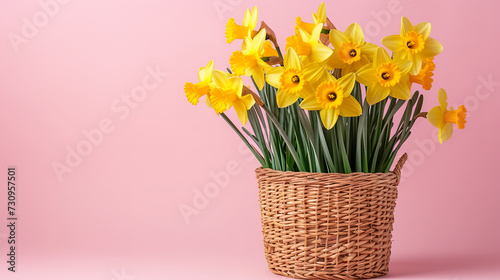 A big copy space with a bouquet of daffodils in a wicker basket on light pink background © Nate