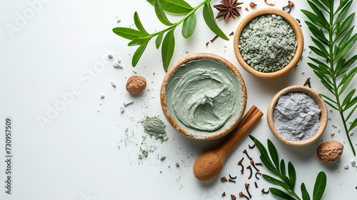 A big copy space with Exfoliating scrub with green clay and natural ingredients Beauty mask applied on white background