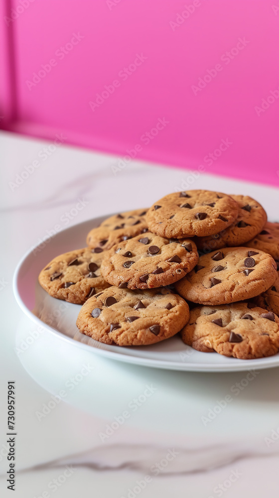 Cookies with chocolate chips served on a white plate on a white table and a pink wall in the background