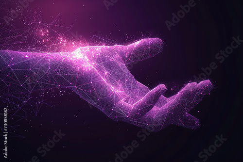 hand teamwork low poly wireframe on purple dark background. connection consisting of dots, lines, triangles futuristic style, on technology style, with huge big secne view background