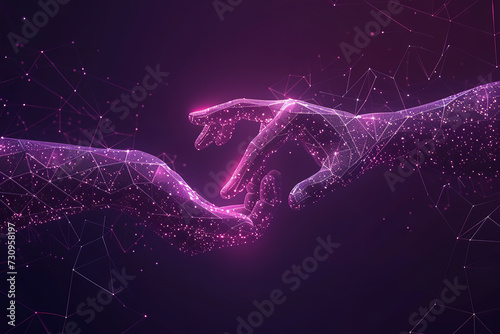 hand teamwork low poly wireframe on purple dark background. connection consisting of dots, lines, triangles futuristic style, on technology style, with huge big secne view background