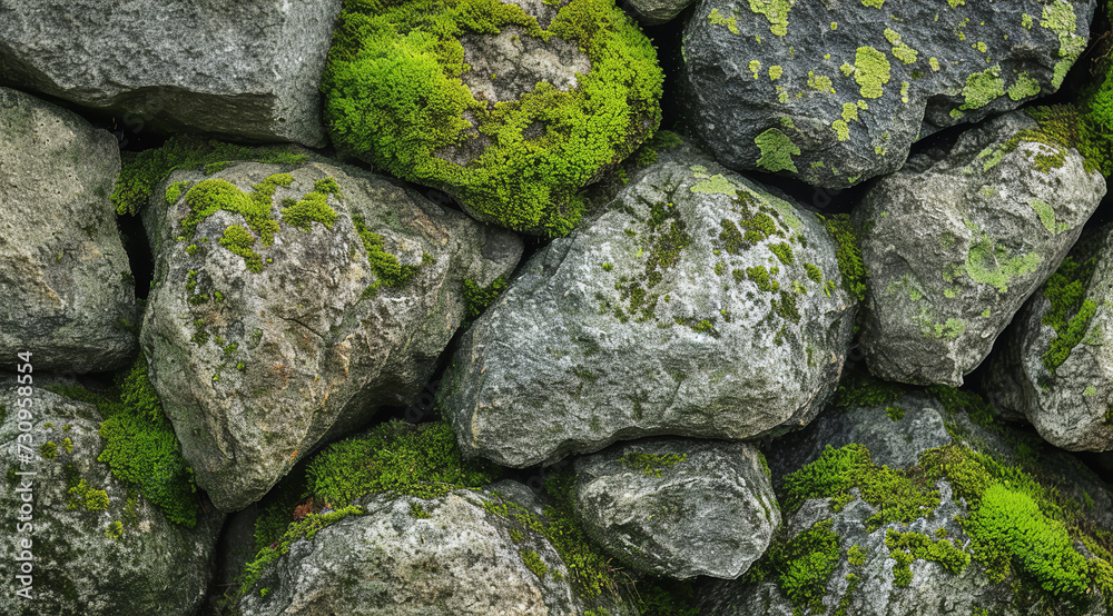Moss-covered stones close-up texture background
