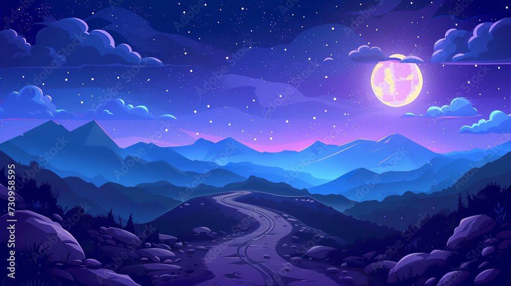 Night mountain landscape with path leading to rocky hills under starry sky with clouds and full moon. Cartoon vector illustration of dark blue dusk scenery with road and rocks under moonlight Night mountain landscape with path leading to rocky hills under starry sky with clouds and full moon. Cartoon vector illustration of dark blue dusk scenery with road and rocks under moonlight