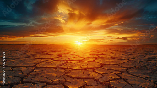 Dramatic sunset over cracked earth. Desert landscape.