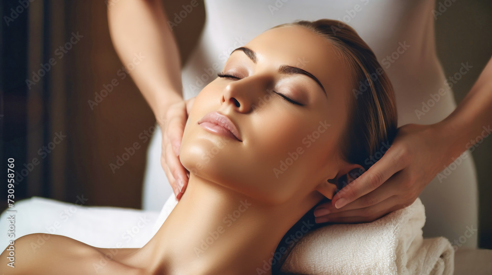 Portrait of a charming woman having her neck, shoulders and back massaged by an unrecognizable masseuse in a medical clinic. A young girl feels happy and relaxed.