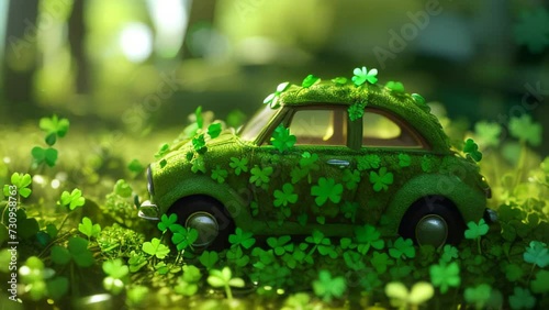 Small green car filled with green clover for St Patrick day
