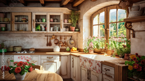 Spacious Kitchen With Natural Wood Furniture and Ample Natural Light. Interior of a modern kitchen made of solid wood.