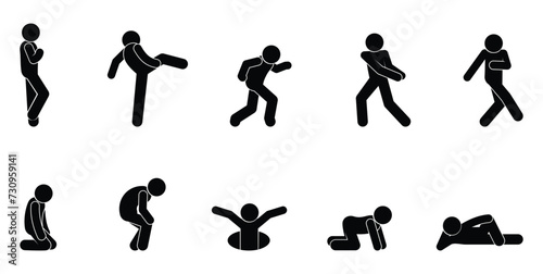 stick figure man icon, set of human silhouettes, people standing, walking, lying and sitting