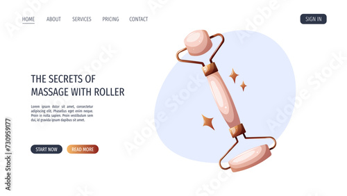 Web page design with jade roller for gua sha massage. Beauty, skin care, body care, treatment, massaging concept. Vector illustration for website, banner, poster.