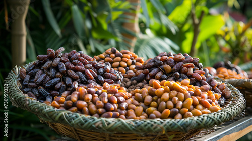 A vibrant display of dates in various stages of ripeness, from deep amber to rich mahogany, arranged in a woven basket against a backdrop of lush green foliage, capturing the essen
