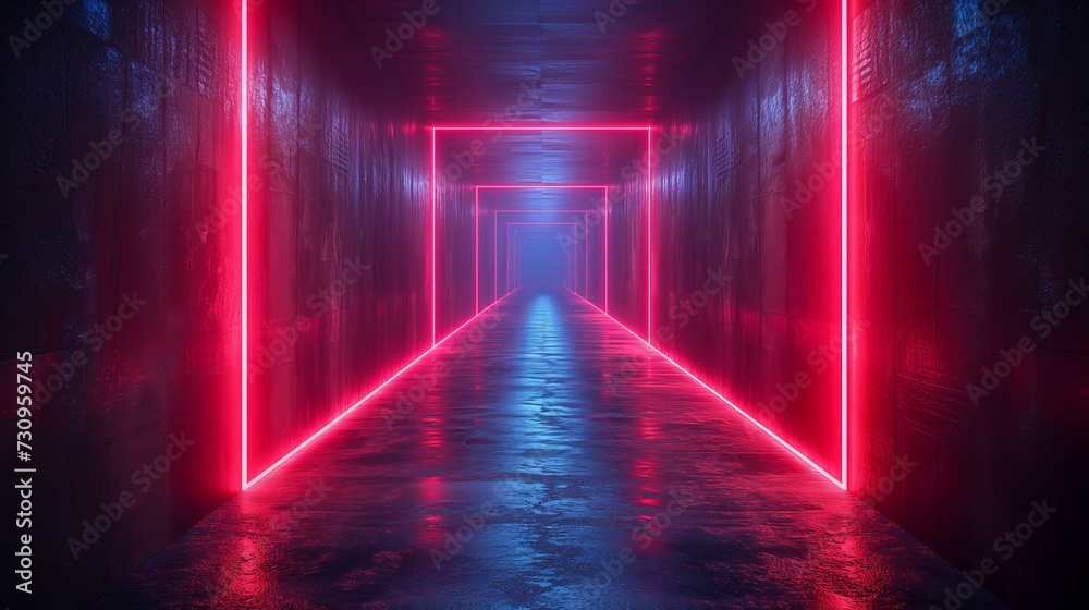 3D render of a corridor with glowing red lines. Generative AI