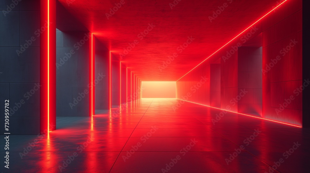 3D render of a corridor with glowing red lines. Generative AI