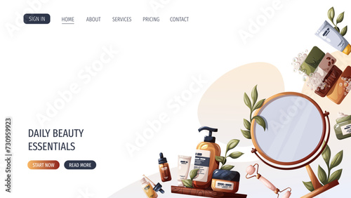 Web page design with set of beauty products, cosmetics, soap, mirror. Beauty, skin care, body care, cleansing concept. Vector illustration for banner, poster, website.