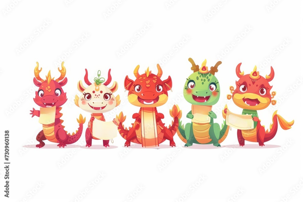 Mascottes mignonnes dragons tenant un parchemin de richesse de félicitations au bas de l'image de nombreuses expressions faciales - Nouvel An chinois Mascottes mignonnes dragons tenant un parchemin de richesse de félicitations au bas de l'image de nombreuses expressions faciales - Nouvel An chinois