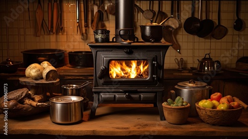 Brazilian wood burning stove with cookware. photo