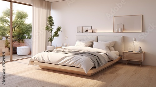 Minimalist beige bedroom with double bed on wooden floor  decorated wall  white view through window. Nordic home interior in 3D.