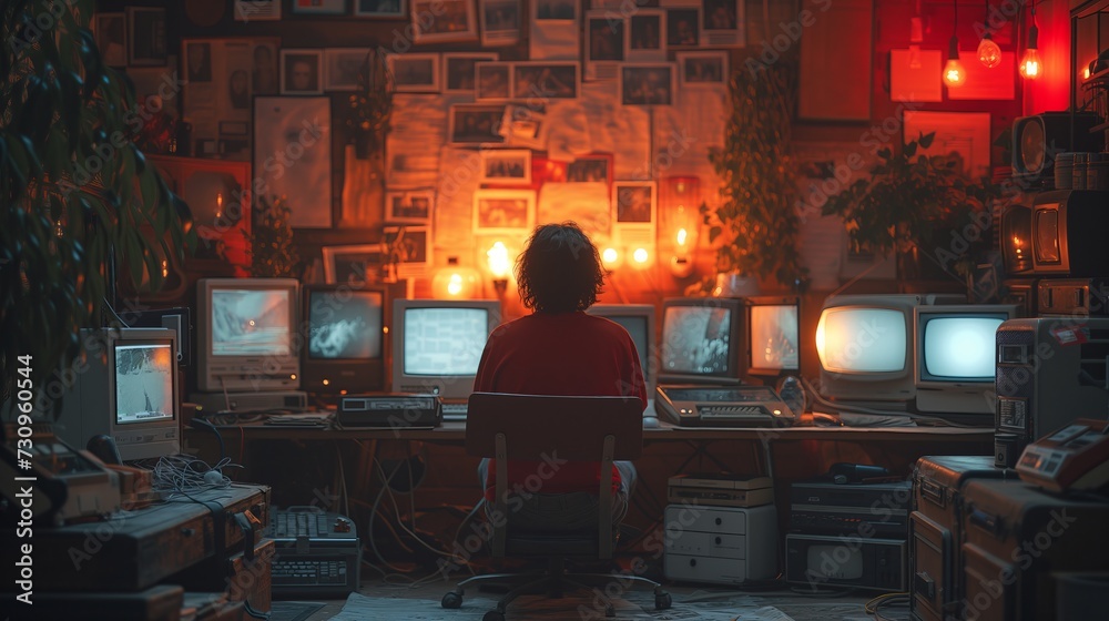 a man sits at a vintage computer. Generative AI