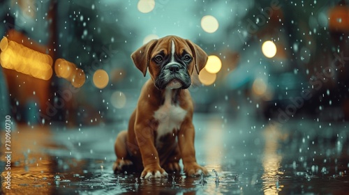Boxer puppy exploring the rain-soaked streets. © Shamim