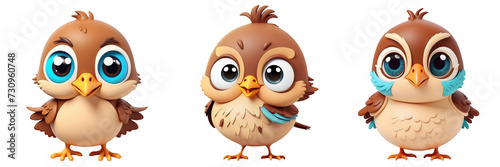 Cute funny sparrows with big eyes lovely little animals isolated in transparent background