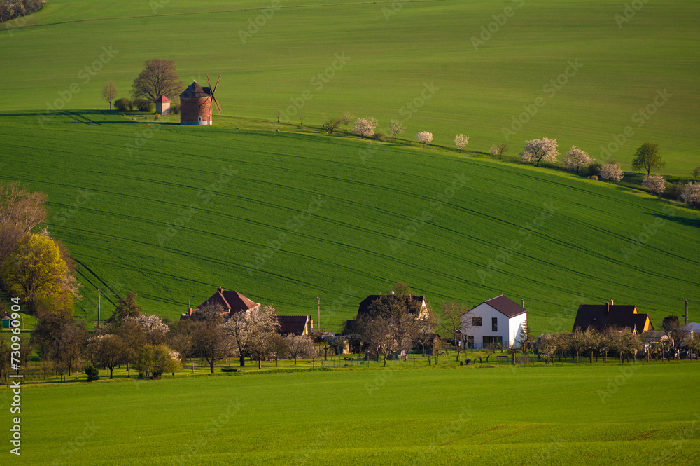 Obraz premium Gorgeous countryside near an old mill on a hill . Location place South Moravia region, Czech Republic, Europe. Photo wallpaper. 
