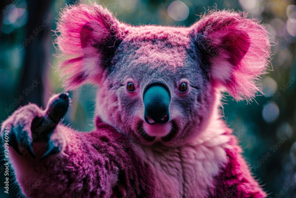 A whimsical koala bear with a vibrant pink mane playfully greets the great outdoors, showcasing its soft fur and endearing snout as a true marsupial mammal A whimsical koala bear with a vibrant pink mane playfully greets the great outdoors, showcasing its soft fur and endearing snout as a true marsupial mammal