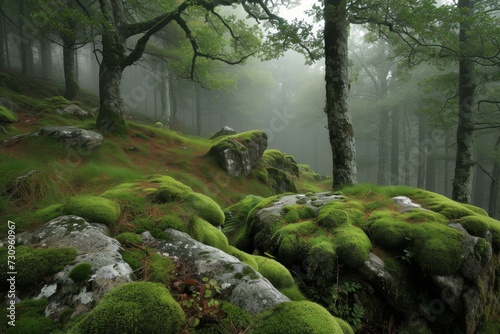 Lush moss-covered rocks, vibrant green, in misty woodland setting