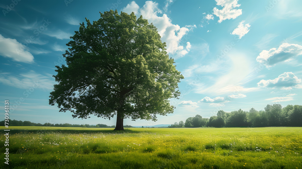 The green meadow with a big tree reaching up to the sky

