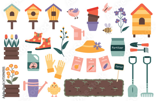 Great spring gardening set. A set of elements for spring planting in pots, seeds and seedlings. Vector illustration of gardening tools.