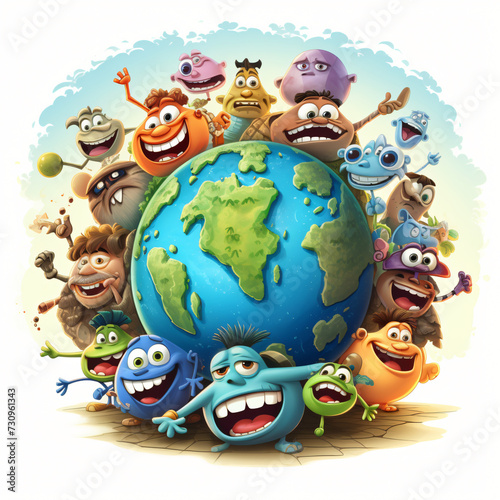 Earth planet with cartoon characters isolated on...