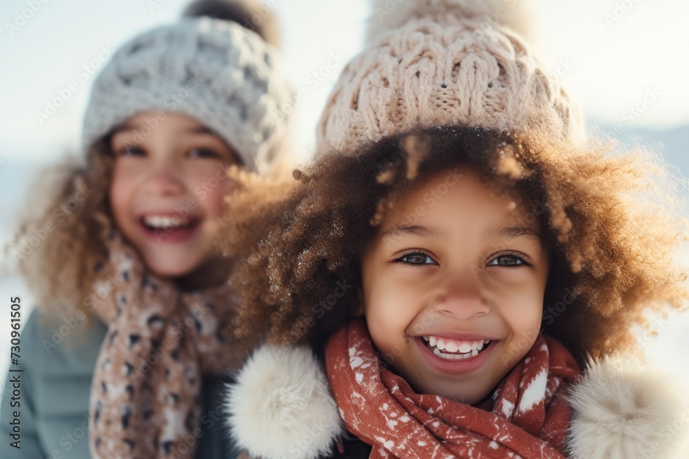 Diversity female children playing together with snow in winter. Diversity female children playing together with snow in winter.