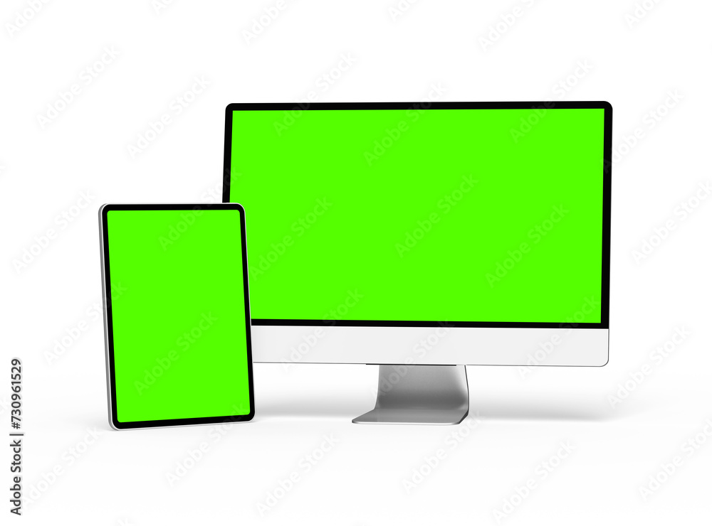 3D Render of smartphone tablet desktop with green screens on a transparent background 3D Render of smartphone tablet desktop with green screens on a transparent background