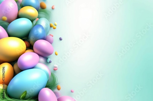 Colorful Easter eggs on the side on a light green background. Easter concept. Top view. Copy space