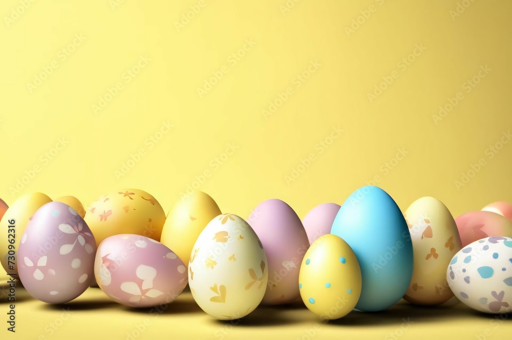 Colorful patterned Easter eggs stand in a row on a yellow background. Copy space. Easter concept. Colorful patterned Easter eggs stand in a row on a yellow background. Copy space. Easter concept.