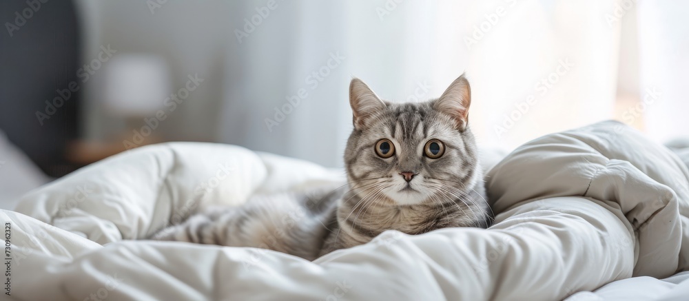 A small to medium-sized cat from the Felidae family is comfortably resting on a bed with a blanket, gazing at the camera. A small to medium-sized cat from the Felidae family is comfortably resting on a bed with a blanket, gazing at the camera.