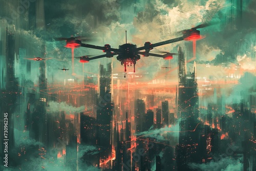 An aerial painting captured through a screenshot, showcasing the bustling cityscape below as a drone glides gracefully alongside aircraft, helicopters, and planes