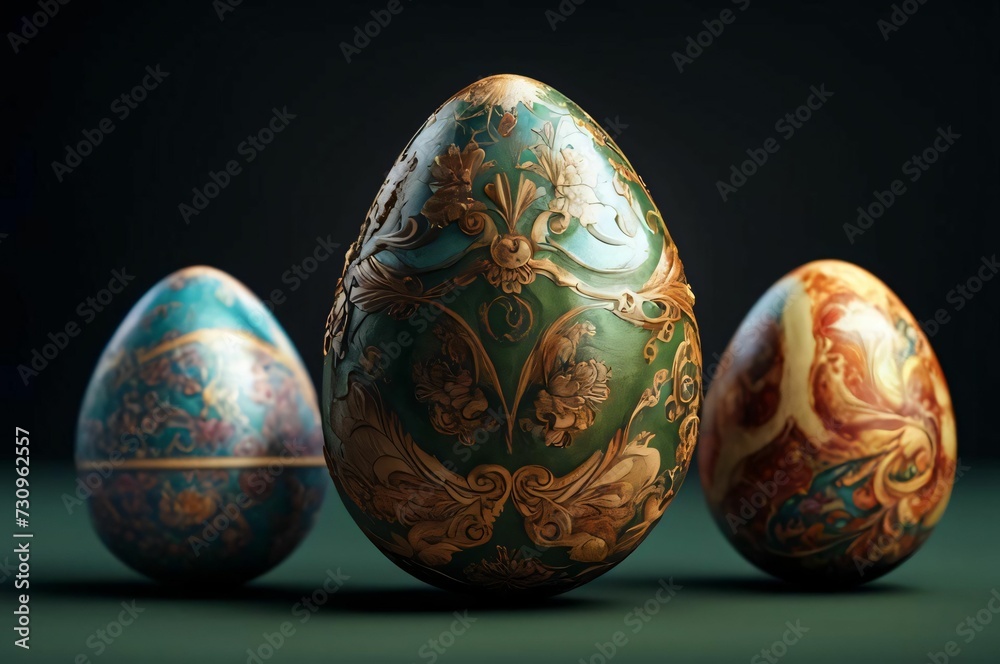 Painted Easter eggs with patterns on a dark background. Eggs in a row. Easter concept Painted Easter eggs with patterns on a dark background. Eggs in a row. Easter concept