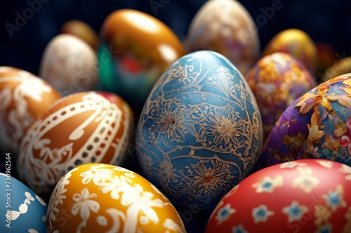 Painted Easter eggs with patterns on a dark background. Easter concept